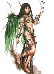 Rule 34 | 1girl, barefoot, black eyes, brazen, brown hair, censored, convenient censoring, dryad, flat chest, long hair, nature, navel, nude, original, plant girl, solo, wings