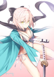 Rule 34 | 1girl, bikini, black bikini, black bow, black scarf, blonde hair, bow, breasts, brown background, cleavage, closed mouth, fate/grand order, fate (series), gradient background, hair between eyes, hair bow, haori, holding, holding sheath, holding sword, holding weapon, japanese clothes, katana, koha-ace, long sleeves, looking at viewer, medium breasts, okita souji (fate), okita souji (koha-ace), scarf, sheath, side-tie bikini bottom, solo, swimsuit, sword, twitter username, tyone, unsheathed, weapon, white background, wide sleeves, yellow eyes