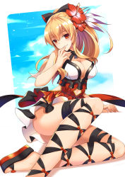 Rule 34 | 1girl, bad id, bad pixiv id, black bow, blonde hair, bow, breasts, cleavage, criss-cross halter, flower, granblue fantasy, hair bow, hair flower, hair ornament, halterneck, hand to own mouth, hibiscus, highres, large breasts, long hair, looking at viewer, orange eyes, platform footwear, ponytail, red bow, rx7649, slippers, smile, solo, thighhighs, vira (granblue fantasy)