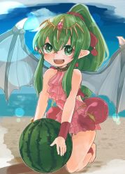 Rule 34 | 1girl, bad id, bad twitter id, beach, blue sky, day, dragon wings, fire emblem, fire emblem: mystery of the emblem, fire emblem heroes, food, fruit, green eyes, green hair, hair ribbon, highres, long hair, matumuraaaa, nintendo, open mouth, pink one-piece swimsuit, pointy ears, ponytail, red ribbon, ribbon, sky, solo, swimsuit, tiara, tiki (fire emblem), tiki (young) (fire emblem), watermelon, wings