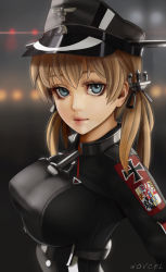 Rule 34 | 1girl, anchor hair ornament, artist name, blonde hair, blue eyes, breasts, cross, emblem, hair ornament, hat, highres, iron cross, kantai collection, large breasts, lips, looking at viewer, low twintails, military, military hat, military uniform, novcel, peaked cap, prinz eugen (kancolle), solo, twintails, uniform, upper body