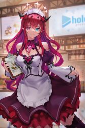 Rule 34 | 1girl, absurdres, aragiken, blue eyes, breasts, cleavage, detached collar, detached sleeves, double halo, dress, halo, heterochromia, highres, hololive, hololive english, horns, irys (hololive), irys (irys 2.0) (hololive), looking at viewer, maid headdress, medium breasts, multicolored hair, pointy ears, purple hair, red eyes, red hair, smile, star halo, thighhighs, thighs, two-tone hair, virtual youtuber
