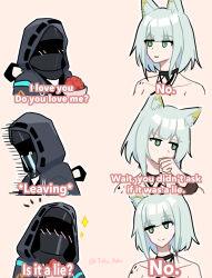 Rule 34 | 1girl, 1other, animal ears, arknights, bare shoulders, blunt bangs, blush, bouquet, cat ears, closed mouth, comic, crying, crying with eyes open, doctor (arknights), english text, flower, green eyes, grey hair, hand on own face, hood, hood up, hooded coat, kal&#039;tsit (arknights), mask, material growth, oripathy lesion (arknights), parted lips, short hair, smug, streaming tears, tears, tofudofu, upper body