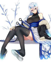 Rule 34 | 1girl, absurdres, arm at side, bare shoulders, black jacket, black thighhighs, blue nails, breasts, buttons, closed mouth, collarbone, commentary request, fingernails, fur-trimmed jacket, fur trim, hair between eyes, hand on own knee, highres, horns, jacket, japanese clothes, kimono, kunai, large breasts, long fingernails, long hair, long sleeves, looking at viewer, nail polish, obi, off shoulder, oni, oni horns, onineko-chan, open clothes, open jacket, original, purple eyes, sash, shiny clothes, shirt, silver hair, simple background, sitting, sleeveless, sleeveless shirt, solo, sword, tabi, thighhighs, very long hair, weapon, white background