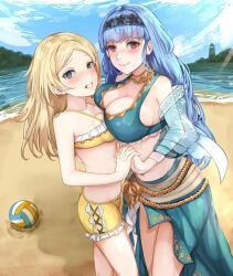 Rule 34 | 2girls, :d, alternate costume, asymmetrical docking, ball, beach, bikini, bikini shorts, blonde hair, blue bikini, blue eyes, blue hair, blue jacket, blue sky, braid, breast press, breasts, brown eyes, cloud, commentary, commission, cowboy shot, crown braid, day, fire emblem, fire emblem: three houses, fire emblem awakening, hair down, highres, holding hands, innertube, jacket, large breasts, lissa (fire emblem), long sleeves, looking at viewer, marianne von edmund, multiple girls, navel, nintendo, nui gurumi, ocean, official alternate costume, open mouth, sarong, short shorts, shorts, sky, small breasts, smile, standing, stomach, swim ring, swimsuit, thighs, twintails, volleyball (object), water, yellow bikini, yellow shorts