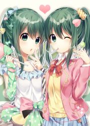Rule 34 | 2girls, bow, bowtie, breasts, candy, character request, cleavage, collarbone, food, green eyes, green hair, hair bow, hair ornament, heart, heart hair ornament, highres, large breasts, lollipop, long sleeves, looking at viewer, multiple girls, ntk (7t5), one eye closed, open mouth, red bow, red neckwear, tokyo 7th sisters, yellow bow