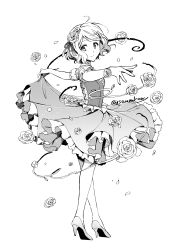 Rule 34 | 1girl, bracelet, closed mouth, creatures (company), dancing, flower, full body, game freak, greyscale, hair flower, hair ornament, hair ribbon, high heels, highres, jewelry, kanimaru, layered skirt, looking at viewer, medium skirt, monochrome, nib pen (medium), nintendo, pokemon, pokemon (anime), pokemon xy (anime), pumps, ribbon, rose, serena (pokemon), short hair, skirt, skirt hold, smile, solo, standing, traditional media