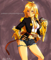 Rule 34 | 1girl, antenna hair, belt, blazblue, blonde hair, breasts, bullet (blazblue), bullet (blazblue) (cosplay), cleavage, cosplay, cutoffs, denim, denim shorts, fingerless gloves, gloves, gold trim, hand on own hip, high belt, high collar, impossible clothes, jacket, large breasts, long hair, micro shorts, midriff, naomi gumbs (hanamimi), navel, red eyes, rwby, scar, shirt, short shorts, shorts, skinny, slender, smile, solo, standing, taut clothes, taut shirt, thighs, torn clothes, v-shaped eyebrows, vambraces, very long hair, wavy hair, yang xiao long
