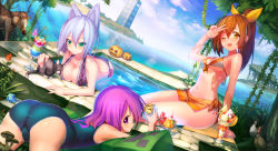Rule 34 | 3girls, ;d, abyss05, animal, animal ears, arm support, ass, bad id, bad pixiv id, beach, bikini, bird, blush, bow, breasts, cameltoe, cat, chicken, cleavage, cloud, creeper, day, drink, dutch angle, frilled bikini, frills, front-tie top, gelatin, glass, green eyes, hair bow, highres, horse, jack-o&#039;-lantern, large breasts, light rays, long hair, looking at viewer, looking back, lying, medium breasts, minecraft, multiple girls, mushroom, navel, ocean, on stomach, one-piece swimsuit, one eye closed, open mouth, orange eyes, original, parfait, partially submerged, ponytail, pool, pumpkin, purple eyes, sai (abyss05), salute, shiny skin, sitting, skindentation, sky, smile, soaking feet, sunbeam, sunlight, swimsuit, underboob, water, wide hips, wink