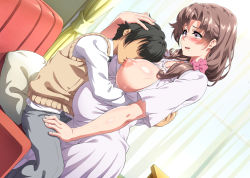 Rule 34 | 1boy, 1girl, bangs, blush, boku wa tomodachi no okaa-san wo haramasetai 2, breasts, brown hair, couch, curtains, cushion, dress, eyebrows hidden by hair, face to breasts, highres, hokkyoku hotaru, hug, huge breasts, indoors, legs, long hair, looking at another, mole, mole under mouth, nipples, no eyes, nursing clothes, one breast out, open mouth, original, pregnant, sitting, smile, thighs, yellow eyes