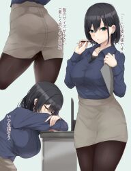 Rule 34 | 1girl, absurdres, black hair, black pantyhose, blue shirt, blush, breasts, collared shirt, commentary request, crossed arms, desk, earrings, from behind, green eyes, hair between eyes, highres, holding, holding pen, jewelry, large breasts, long sleeves, looking at viewer, monitor, multiple views, necklace, office lady, original, pantyhose, pantylines, partially unbuttoned, pen, ryuu., shirt, shirt tucked in, short hair, sidelocks, simple background, sitting, skirt, sleeping, standing, translated