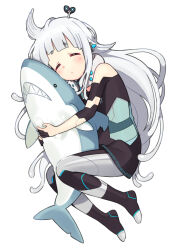 Rule 34 | 1girl, and uge, android, bare shoulders, black dress, black gloves, blush, closed eyes, closed mouth, dress, facing viewer, full body, gloves, grey hair, half gloves, hugging object, kusumoto shizuru, liquid hair, long hair, nanashi inc., partially fingerless gloves, short eyebrows, simple background, solo, stuffed animal, stuffed shark, stuffed toy, thick eyebrows, v ap art, very long hair, virtual youtuber, white background, winding key