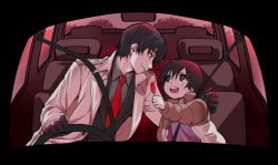 Rule 34 | 10s, 2boys, black gloves, black hair, blue eyes, boku dake ga inai machi, candy, car, coat, evil smile, food, formal, fujinuma satoru, gloves, hiyou, interior, jacket, lollipop, looking at another, male focus, motor vehicle, multiple boys, necktie, open clothes, open jacket, outstretched hand, parted lips, red eyes, red necktie, seatbelt, smile, spoilers, steering wheel, suit, yashiro gaku