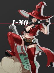 Rule 34 | 1girl, absurdres, belt, black gloves, black hair, black shorts, bob cut, breasts, carol0905, character name, choker, cleavage, crop top, electric guitar, fingerless gloves, glasses, gloves, guilty gear, guilty gear strive, guitar, hat, highres, i-no, instrument, large breasts, lipstick, looking to the side, makeup, midriff, mole, mole under eye, navel, red thighhighs, shaded face, short shorts, short sleeves, shorts, smile, solo, thighhighs, thighs, witch hat