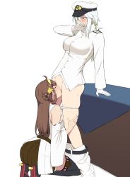 Rule 34 | 2girls, absurdres, ahoge, bare shoulders, blush, breasts, brown hair, clothes pull, cunnilingus, detached sleeves, female admiral (kancolle), hairband, hat, headgear, highres, japanese clothes, kantai collection, kneeling, kongou (kancolle), long hair, long sleeves, monochrome, multiple girls, nontraditional miko, oral, panties, pants, pants pull, panty pull, peaked cap, silver hair, simple background, skirt, standing, standing cunnilingus, takaman (gaffe), thighhighs, underwear, white background, yuri