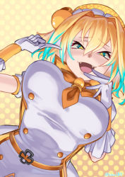 Rule 34 | + +, 1girl, blonde hair, blue eyes, blush, bombergirl, breasts, commentary request, fangs, gloves, grenade hair ornament, half-closed eyes, hands up, highres, kumamiya, large breasts, looking at viewer, multicolored hair, open mouth, orange neckwear, pine (bombergirl), polka dot, polka dot background, short hair, smile, solo, tongue, two-tone hair, white gloves, yellow pupils