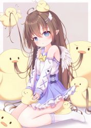 Rule 34 | 1girl, :o, afterimage, ahoge, animal, bare shoulders, bird, blue eyes, blue sailor collar, blue skirt, blush, bow, brown hair, chick, commentary request, detached sleeves, eating hair, feathered wings, flying, flying sweatdrops, frilled skirt, frills, full body, hair between eyes, hair ornament, hairclip, high-waist skirt, highres, liuliu, long hair, long sleeves, mini wings, no shoes, original, parted lips, pleated skirt, pointy ears, sailor collar, school uniform, serafuku, shirt, sitting, skirt, sleeveless, sleeveless shirt, sleeves past wrists, socks, solo, very long hair, wariza, white shirt, white sleeves, white socks, white wings, wings, yellow bow
