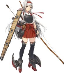 Rule 34 | 10s, 1girl, aircraft, airplane, anti-aircraft, anti-aircraft gun, archery, arrow (projectile), blush, boots, bow (weapon), brown eyes, flight deck, full body, gloves, hairband, hakama, hakama short skirt, hakama skirt, hip vent, japanese clothes, kantai collection, konishi (koconatu), kyuudou, long hair, muneate, official art, partially fingerless gloves, partly fingerless gloves, ribbon, shoukaku (kancolle), shoukaku kai ni (kancolle), silver hair, single glove, skirt, smile, solo, thigh boots, thighhighs, transparent background, turbine, weapon, yugake, zettai ryouiki