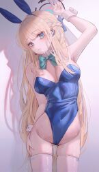 Rule 34 | 1girl, animal ears, blonde hair, blue archive, blue eyes, blue leotard, bow, bowtie, breasts, cameltoe, cleft of venus, detached collar, domi (hongsung0819), fake animal ears, gluteal fold, halo, highres, leotard, long hair, looking at viewer, medium breasts, official alternate costume, playboy bunny, rabbit ears, solo, strapless, strapless leotard, thighhighs, toki (blue archive), toki (bunny) (blue archive), v, very long hair, white thighhighs, wrist cuffs