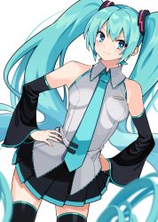 Rule 34 | 1girl, :s, annoyed, bare shoulders, black skirt, black thighhighs, blue eyes, blue hair, blue necktie, blurry, blurry foreground, closed mouth, collared shirt, commentary, cowboy shot, detached sleeves, dutch angle, grey shirt, hands on own hips, hatsune miku, highres, kotomuke fuurin, long hair, looking at viewer, necktie, pleated skirt, shirt, simple background, skirt, sleeveless, sleeveless shirt, solo, thighhighs, twintails, v-shaped eyebrows, very long hair, vocaloid, white background, zettai ryouiki