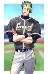 Rule 34 | 1boy, absurdres, achilles (fate), baseball uniform, belt, black belt, black undershirt, black wristband, blurry, blurry background, border, brown eyes, crossed arms, fate/grand order, fate (series), green hair, haruakira, highres, looking at viewer, male focus, muscular, muscular male, open mouth, pants, short hair, solo, sportswear, teeth, undercut, white border, white pants
