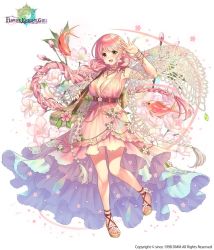 Rule 34 | 1girl, :d, bag, bare legs, blush, bracelet, braid, breasts, cherry blossoms, city forest online, cleavage, copyright name, dress, dress flower, fish, flower, flower knight girl, full body, green eyes, hair flower, hair ornament, heterochromia, jewelry, large breasts, long hair, looking at viewer, name connection, object namesake, official art, open mouth, pink dress, pink hair, red eyes, sakura (flower knight girl), sandals, simple background, smile, solo, standing, standing on one leg, white background