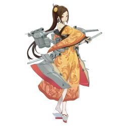 Rule 34 | 1girl, brown hair, cannon, closed mouth, cross, cross earrings, earrings, full body, hair ornament, holding, holding sword, holding weapon, japanese clothes, jewelry, katana, kimono, long hair, looking at viewer, machinery, nagato (victory belles), official art, platform clogs, ponytail, red eyes, salmon88, sheath, simple background, solo, standing, sword, turret, unsheathing, very long hair, victory belles, weapon, white background, yukata