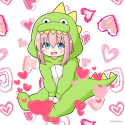 Rule 34 | 1girl, :d, :o, between legs, blue eyes, bocchi the rock!, commentary request, dinosaur costume, dinosaur hood, gotoh hitori, grey background, hair between eyes, hand between legs, heart, heart background, hood, hood up, long hair, looking away, looking down, mitya, open mouth, parted lips, pink hair, simple background, sitting, smile, solo, sparkle, twitter username, white background