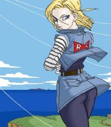 Rule 34 | 1girl, android 18, ass, bad id, bad pixiv id, blonde hair, blue eyes, cloud, day, denim, denim skirt, dragon ball, dragonball z, looking at viewer, looking back, lowres, ocean, outdoors, pantyhose, skirt, sky, solo, sorashu, wind, wind lift