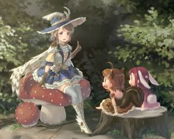 Rule 34 | 10s, 3girls, :d, ahoge, amanita (mushroom), animal ears, arm support, ascot, blue eyes, blush, boots, brown dress, brown gloves, brown hair, bunny girl, cape, center frills, chibi, commentary request, cross-laced footwear, dress, eye contact, feathered cape, fly agaric, frilled sleeves, frills, gem, gloves, grey hair, grey legwear, hair ornament, hairclip, half updo, happy, hat, hat feather, index finger raised, kemonomimi mode, lace-up boots, legs together, looking at another, love live!, love live! school idol festival, love live! sunshine!!, multiple girls, mushroom, open mouth, orange hair, outdoors, pink dress, puffy short sleeves, puffy sleeves, rabbit ears, rabbit tail, red hair, sakurauchi riko, shoes, short sleeves, sitting, sitting on tree stump, smile, squirrel ears, squirrel girl, squirrel tail, tail, takami chika, texture, thighhighs, tomiwo, tree stump, twitter username, watanabe you, white footwear, white gloves, white headwear, white legwear, wing hair ornament, winged footwear, wings, witch hat, zettai ryouiki, | |