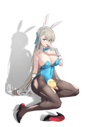 Rule 34 | 1girl, :p, absurdres, animal ears, aqua bow, aqua bowtie, aqua eyes, aqua leotard, asuna (blue archive), asuna (bunny) (blue archive), baige0, bare shoulders, between legs, bird, blonde hair, blue archive, bow, bowtie, breasts, chick, chinese commentary, cleavage, collarbone, covered navel, detached collar, eyes visible through hair, fake animal ears, full body, gloves, headband, high heels, highleg, highleg leotard, highres, leotard, licking, licking finger, long hair, looking at viewer, official alternate costume, pantyhose, parted bangs, playboy bunny, resting, seiza, shadow, shoes, unworn shoes, sideboob, simple background, sitting, solo, strapless, strapless leotard, thighs, tongue, tongue out, torn clothes, torn pantyhose, traditional bowtie, white background, white gloves, white headband