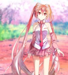Rule 34 | 1girl, blurry, blurry background, day, detached sleeves, eyehead, floating hair, floral print, flower, frilled skirt, frills, hair between eyes, hair flower, hair ornament, hatsune miku, head tilt, highres, long hair, long sleeves, looking at viewer, miniskirt, necktie, outdoors, pink flower, pink hair, pink skirt, pink sleeves, pleated skirt, red eyes, red necktie, sakura miku, shirt, skirt, sleeveless, sleeveless shirt, smile, solo, standing, tomozero, twintails, very long hair, vocaloid, white shirt