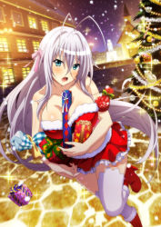 Rule 34 | 1girl, absurdres, bare shoulders, blue eyes, breasts, christmas, cleavage, high school dxd, highres, large breasts, long hair, official art, rossweisse, santa costume, thighhighs