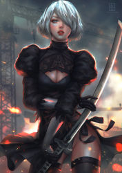 Rule 34 | 1girl, black dress, black hairband, blue eyes, breasts, cleavage, cleavage cutout, clothing cutout, contrapposto, cowboy shot, dress, facing viewer, feather-trimmed sleeves, hair over one eye, hairband, highleg, highleg leotard, katana, leotard, long sleeves, medium breasts, mole, mole under mouth, nier (series), nier:automata, no blindfold, pink lips, reverse grip, serafleur, silver hair, solo, standing, sword, thighhighs, weapon, white leotard, 2b (nier:automata)