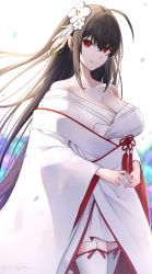 Rule 34 | 1girl, ahoge, azur lane, bare shoulders, black hair, blush, breasts, cleavage, collarbone, commentary request, dress, hair between eyes, highres, japanese clothes, kimono, large breasts, long hair, looking at viewer, red eyes, smile, solo, taihou (azur lane), thighhighs, uchikake, very long hair, wedding dress, yorugami rei