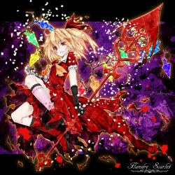 Rule 34 | 1girl, ascot, asymmetrical footwear, asymmetrical gloves, bar (place), black gloves, blonde hair, blood, blood on face, blood on hands, character name, clenched teeth, crystal, dress, elbow gloves, flandre scarlet, full body, gloves, glowing, hair between eyes, hair ribbon, highres, kneehighs, koumajou densetsu, lace, lace-trimmed legwear, lace trim, laevatein, letterboxed, looking at viewer, mismatched footwear, mismatched gloves, pink socks, purple background, red dress, red eyes, ribbon, scowl, short hair, short sleeves, side ponytail, socks, solo, teeth, torn clothes, torn dress, touhou, uneven footwear, uneven gloves, wings, yellow ascot, yukinon (tsuki koubou)