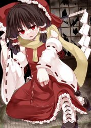 Rule 34 | 1girl, annoyed, brown hair, detached sleeves, dress, gohei, hakurei reimu, holding, holding gohei, looking at viewer, nontraditional miko, red dress, red eyes, solo, touhou, white sleeves, zetsumame