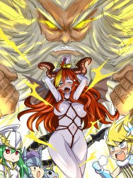 Rule 34 | 2girls, 3boys, :&lt;, angry, apollo (p&amp;d), arms up, athena (p&amp;d), bdsm, blonde hair, blush, bondage, bound, breasts, crotch rope, demon girl, demon horns, demon wings, glowing, glowing eyes, green hair, hair over breasts, helmet, hera (p&amp;d), horns, large breasts, long hair, multiple boys, multiple girls, navel, neptune (p&amp;d), nude, open mouth, puzzle &amp; dragons, red eyes, red hair, shibari, tail, tears, unicorn (p&amp;d), wings, zaxwu, zeus (p&amp;d)