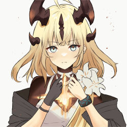 Rule 34 | 1girl, ahoge, arknights, black gloves, black jacket, blonde hair, blue eyes, breasts, brown shirt, closed mouth, dr.lamina, dress, flower, gloves, glowing, grey background, hands up, horns, jacket, looking at viewer, medium breasts, multiple horns, off shoulder, open clothes, open jacket, reed (arknights), reed the flame shadow (arknights), shirt, simple background, single glove, sleeveless, sleeveless dress, solo, upper body, white dress, white flower
