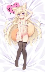 Rule 34 | 1girl, animal ear fluff, animal ears, arm up, bare arms, bare shoulders, bed sheet, blonde hair, blush, bow, bow panties, brown thighhighs, collarbone, commentary, english commentary, fox ears, fox girl, fox tail, ginka (gink a), gluteal fold, highres, long hair, lying, navel, no shoes, nose blush, on back, original, panties, parted lips, pillow, purple eyes, see-through, side-tie panties, solo, strap slip, striped clothes, striped panties, tail, thighhighs, underwear, underwear only, very long hair, yes, yes-no pillow