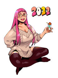 Rule 34 | + +, 1girl, 2022, arm behind back, black shorts, bra strap, breasts, brown thighhighs, cable knit, cleavage, cocktail, cocktail glass, cup, curvy, dress, drinking glass, drinking straw, ear piercing, fingernails, flower, full body, glasses, grey sweater, indian style, large breasts, long hair, looking at viewer, no shoes, open mouth, original, piercing, pink hair, saida nika, shorts, shorts under dress, sidelocks, sitting, sleeves pushed up, smile, solo, sweater, sweater dress, teeth, thick eyebrows, thighhighs, upper teeth only, v-neck, very long hair, white background, yellow-framed eyewear
