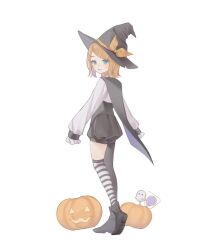 Rule 34 | 1girl, aqua eyes, asymmetrical legwear, baggy shorts, black cape, black footwear, black hat, black pantyhose, black shorts, blouse, boots, bow, candy, cape, food, frilled cuffs, ghost, hair ornament, hairclip, halloween, halloween costume, hat, hat bow, highres, jack-o&#039;-lantern, kagamine rin, kneehighs, lollipop, looking at viewer, looking back, pantyhose, pointy footwear, pumpkin, shirt, short hair, shorts, single kneehigh, single sock, sleeves past fingers, sleeves past wrists, smile, socks, solo, striped clothes, striped socks, suiri (suiri 02), swept bangs, turning head, vocaloid, white shirt, witch hat, yellow bow