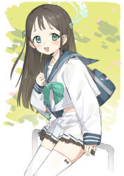Rule 34 | 1girl, airi (blue archive), bag, black hair, blue archive, blush, cowboy shot, green eyes, green halo, green sailor collar, halo, highres, long hair, long sleeves, looking at viewer, nemo (leafnight), open mouth, pleated skirt, sailor collar, school bag, school uniform, serafuku, skirt, smile, solo, thighhighs, white skirt, white thighhighs