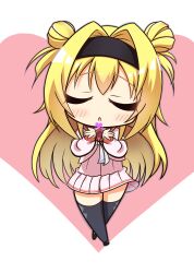Rule 34 | 1girl, absurdres, black hairband, black thighhighs, blonde hair, blowing kiss, blush, chibi, chibi only, chitose sana, closed eyes, commentary request, double bun, facing viewer, hair bun, hair intakes, hairband, heart, highres, long hair, long sleeves, miniskirt, open mouth, pink background, pink serafuku, pink shirt, pink skirt, pleated skirt, red sailor collar, reiji tsukimi, sailor collar, school uniform, serafuku, shirt, simple background, skirt, solo, standing, tenshinranman, thighhighs, two side up, white background, zettai ryouiki