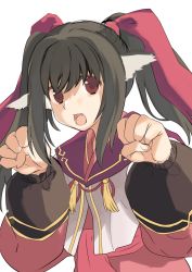 Rule 34 | 1girl, ainu clothes, animal ears, aquaplus, arms up, black hair, breasts, clenched hands, fang, fingernails, hair between eyes, hair ribbon, highres, long hair, long sleeves, looking at viewer, nekone (utawarerumono), open mouth, potechoco90, red eyes, ribbon, small breasts, solo, teeth, tongue, twintails, upper body, utawarerumono, utawarerumono: itsuwari no kamen