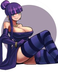 Rule 34 | 1girl, alternate hairstyle, blue eyes, breasts, cleavage, donburi (donburikazoku), dress, elbow gloves, gloves, huge breasts, panty &amp; stocking with garterbelt, solo, stocking (psg), striped clothes, striped thighhighs, thighhighs