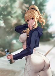 Rule 34 | 1girl, ass, blonde hair, blue eyes, blue jacket, blush, bottle, bow, breasts, chihunhentai, genshin impact, hair bow, hood, hooded jacket, jacket, jean (genshin impact), large breasts, long hair, long sleeves, looking at viewer, open clothes, open jacket, pants, ponytail, sidelocks, solo, sports bra, thighs, tight clothes, tight pants, water bottle, white pants, white sports bra, yoga pants