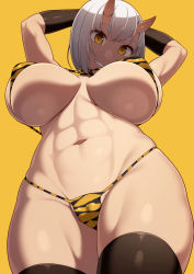Rule 34 | 1girl, abs, arms up, bikini, breasts, breasts apart, cameltoe, cleft of venus, covered erect nipples, elbow gloves, fang, from below, gloves, hair between eyes, highres, horns, huge breasts, micro bikini, muscular, muscular female, navel, oni, original, samegami, short hair, simple background, smile, solo, swimsuit, tan, thick eyebrows, thighhighs, underboob, white hair, yellow background, yellow eyes