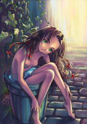 Rule 34 | 1girl, artist name, barefoot, breasts, feet, female focus, green eyes, highres, kobayashi yuji, legs, looking at viewer, nipples, nude, outdoors, partially submerged, solo, toes, trash can, water