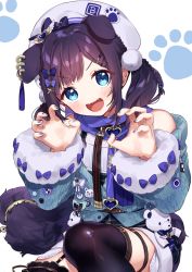 Rule 34 | 1girl, :d, aiba uiha, animal ears, bare shoulders, beret, black hair, black thighhighs, blue bow, blue eyes, blue jacket, blue nails, blue sky, bow, braid, claw pose, dog ears, dog girl, dog tail, fangs, fur-trimmed sleeves, fur trim, hands up, hat, heart, jacket, kemonomimi mode, long sleeves, nail polish, nijisanji, off shoulder, open mouth, simple background, sky, smile, solo, squatting, tail, thighhighs, virtual youtuber, white background, white hat, yamabukiiro
